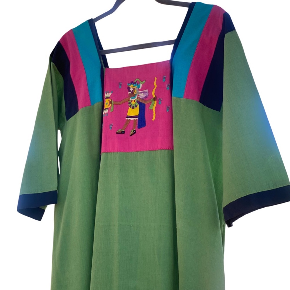 VTG 1970s Mando’s Acapulco Embroidered Mexican Dress Green Cotton Folk Art Maxi